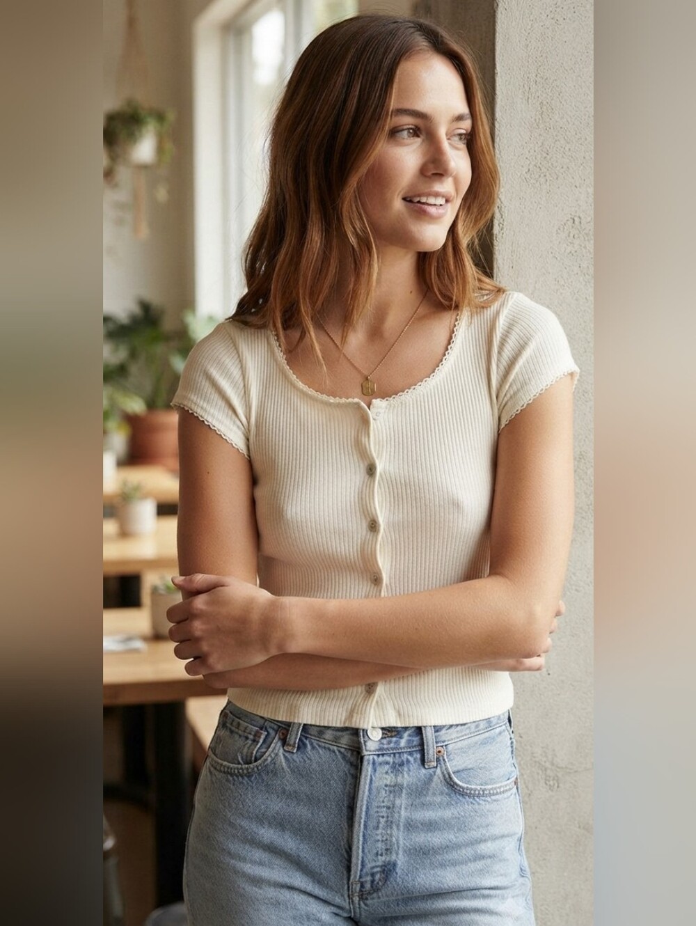 Free People Ribbed Knit Top Crochet Trim Button Front Cream Size Medium